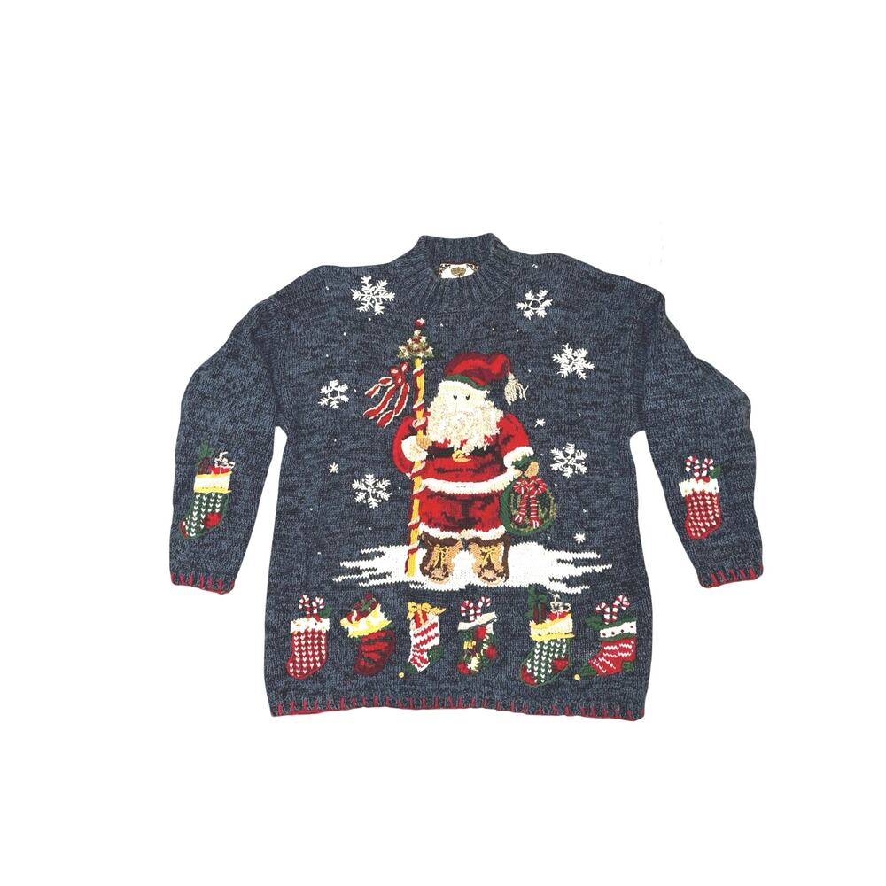 Tiara International Vintage 2000 Santa Beaded Ugly Christmas Sweater L